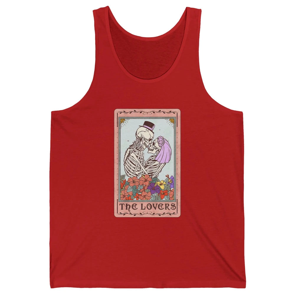 The Lovers Funny Skeleton Couple Tarot Card Vintage Valentine Astrology Goth Skull Lover Floral Heart Unisex Jersey Tank
