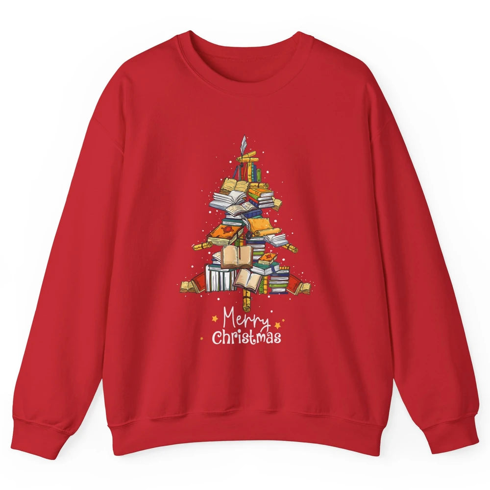 Merry Christmas Tree Reading Books Librarian Xmas Lighting Unisex Crewneck Sweatshirt