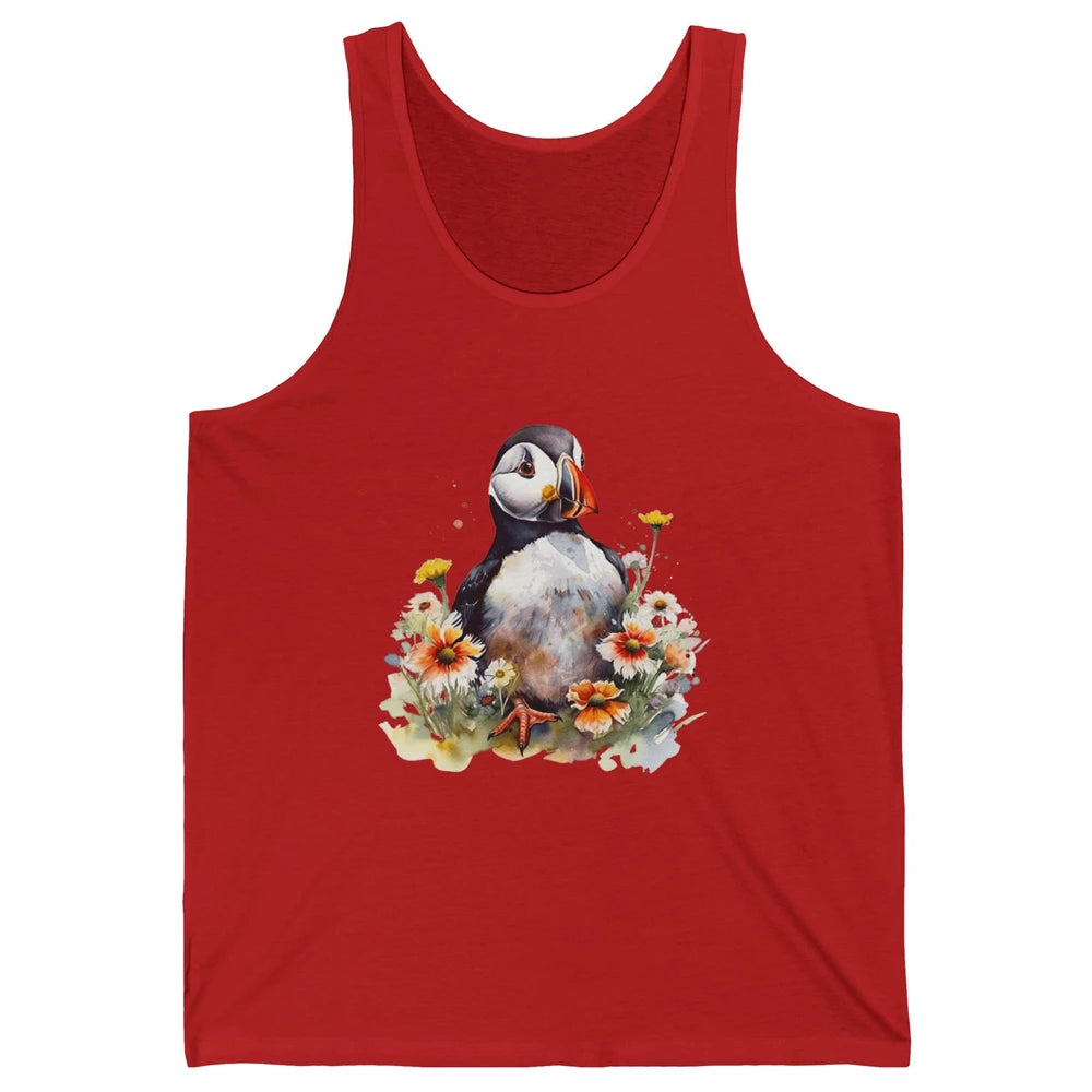 Funny Watercolor Penguin Colorful Wildflowers Field Animal Unisex Jersey Tank