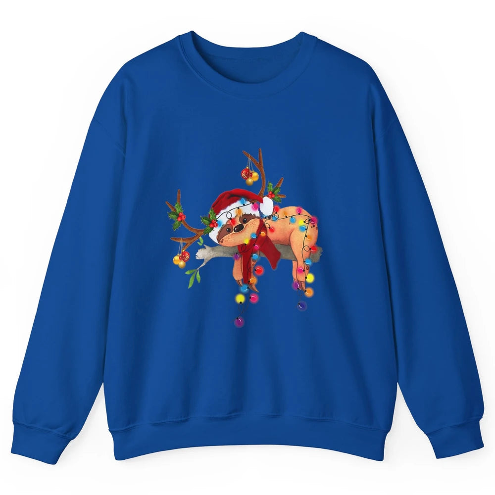 Merry Christmas Santa Claus Hat Sloth Reindeer Xmas Lights Unisex Crewneck Sweatshirt