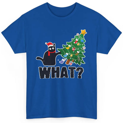 Black Cat Pushing Christmas Tree What Xmas Lights Santa Hat Classic Unisex T-Shirt