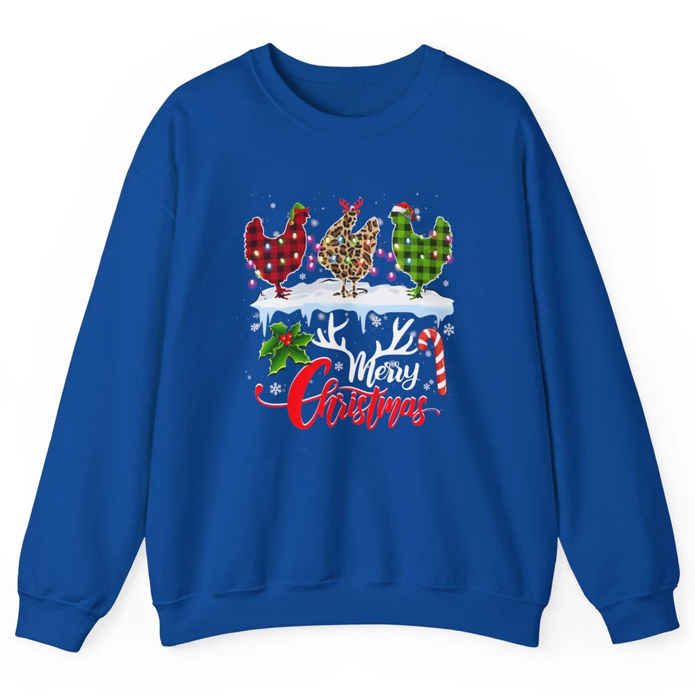 Merry Christmas Three Chickens Buffalo Leopard Red Plaid Hen Unisex Crewneck Sweatshirt