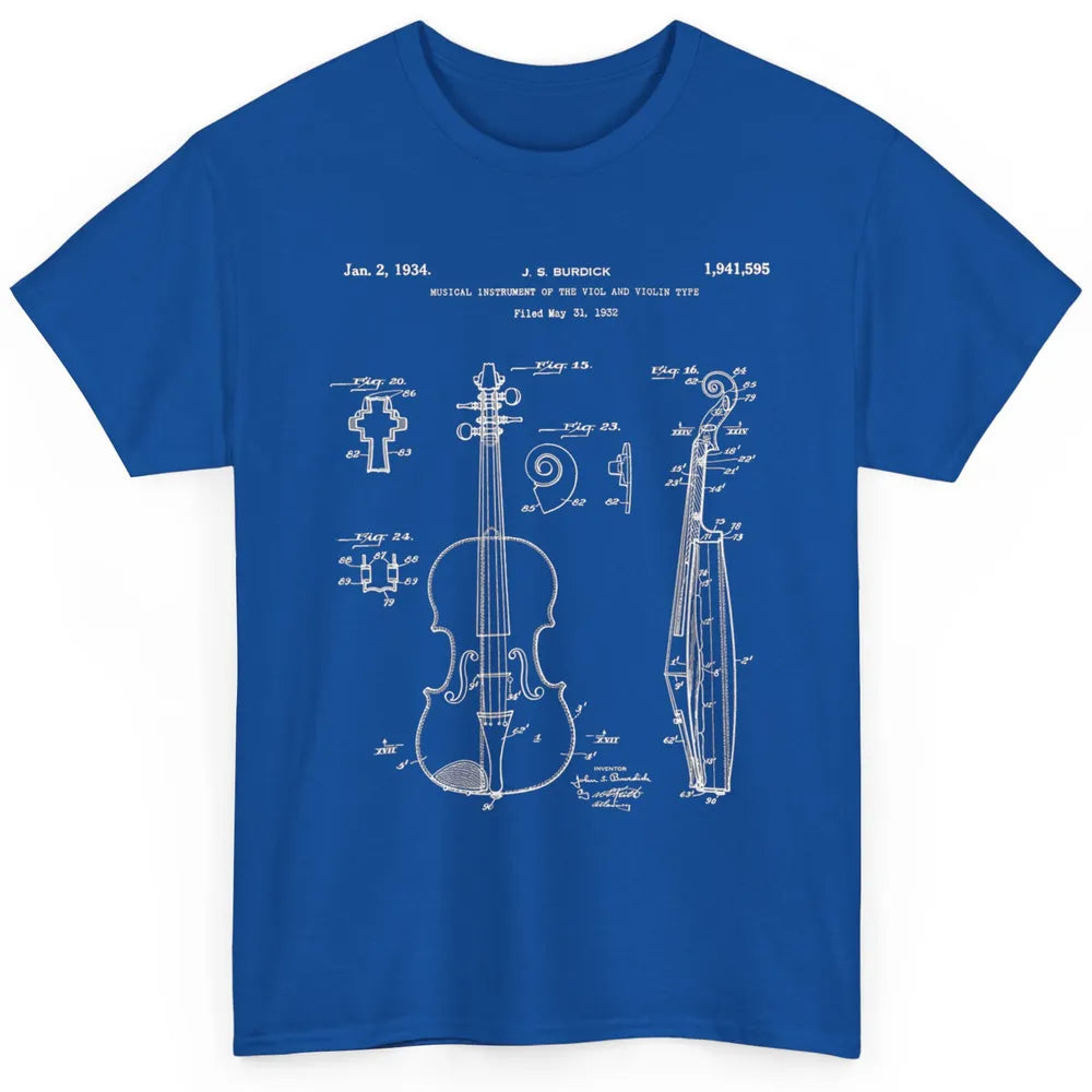Vintage Patent Drawing Print Violin Player Retro Violinist Classic Unisex T-Shirt
