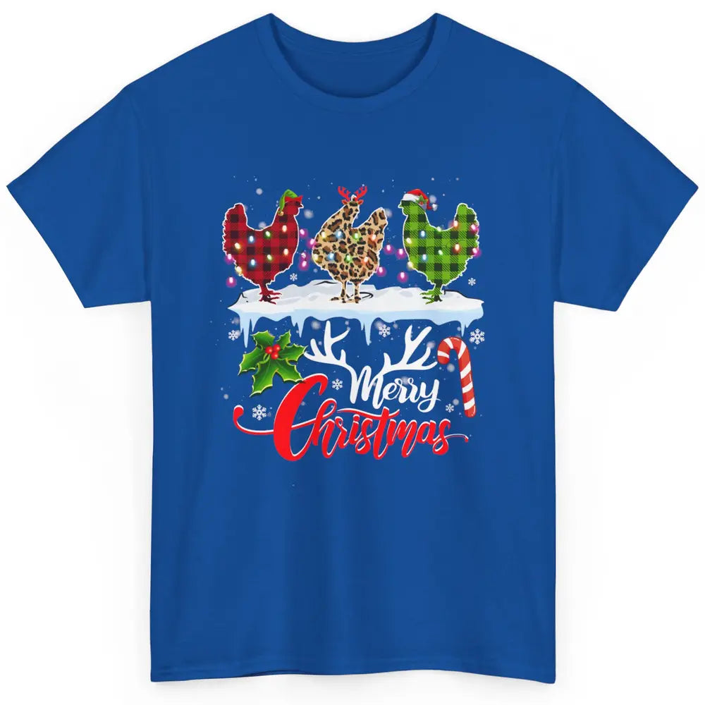 Merry Christmas Three Chickens Buffalo Leopard Red Plaid Hen Classic Unisex T-Shirt