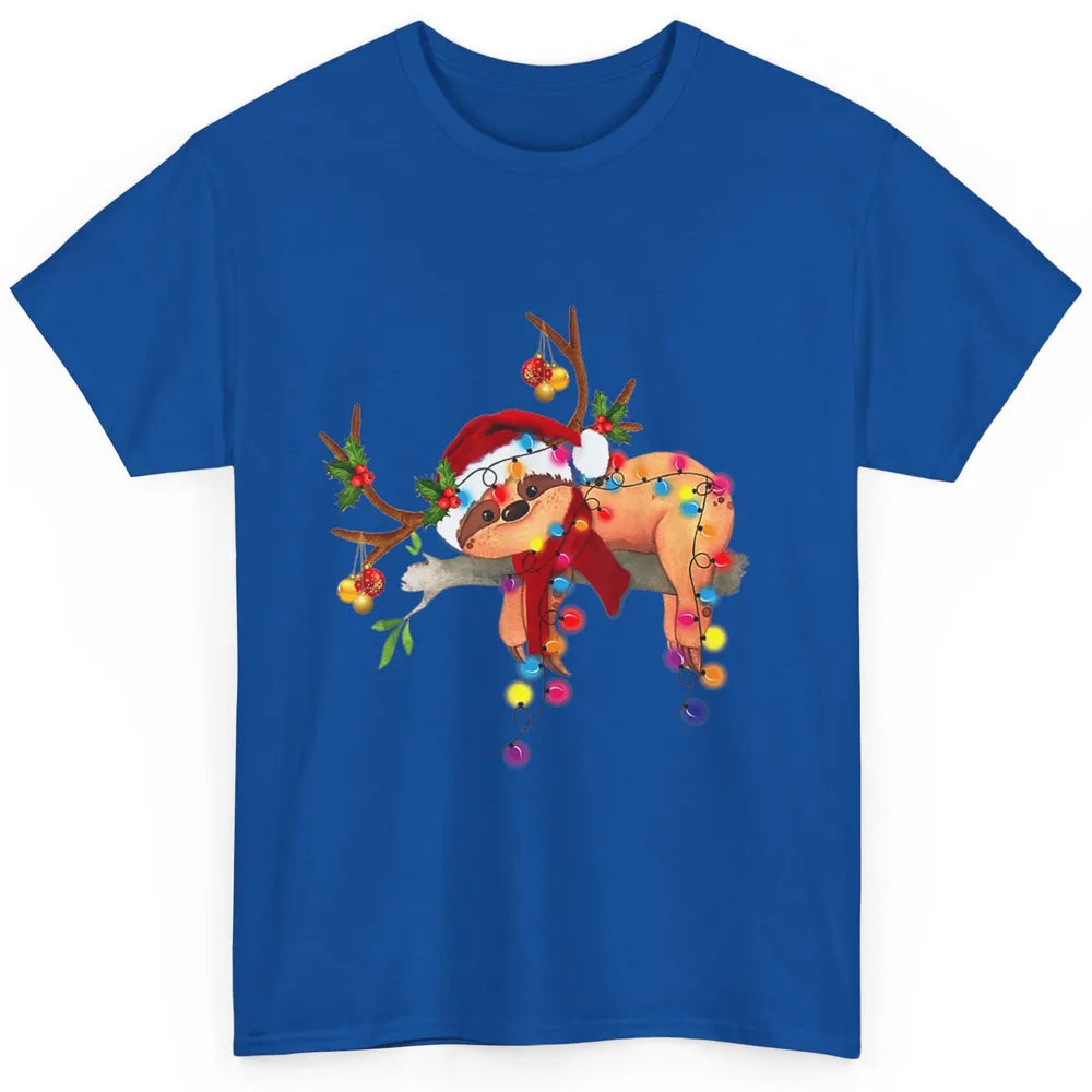 Merry Christmas Santa Claus Hat Sloth Reindeer Xmas Lights Classic Unisex T-Shirt