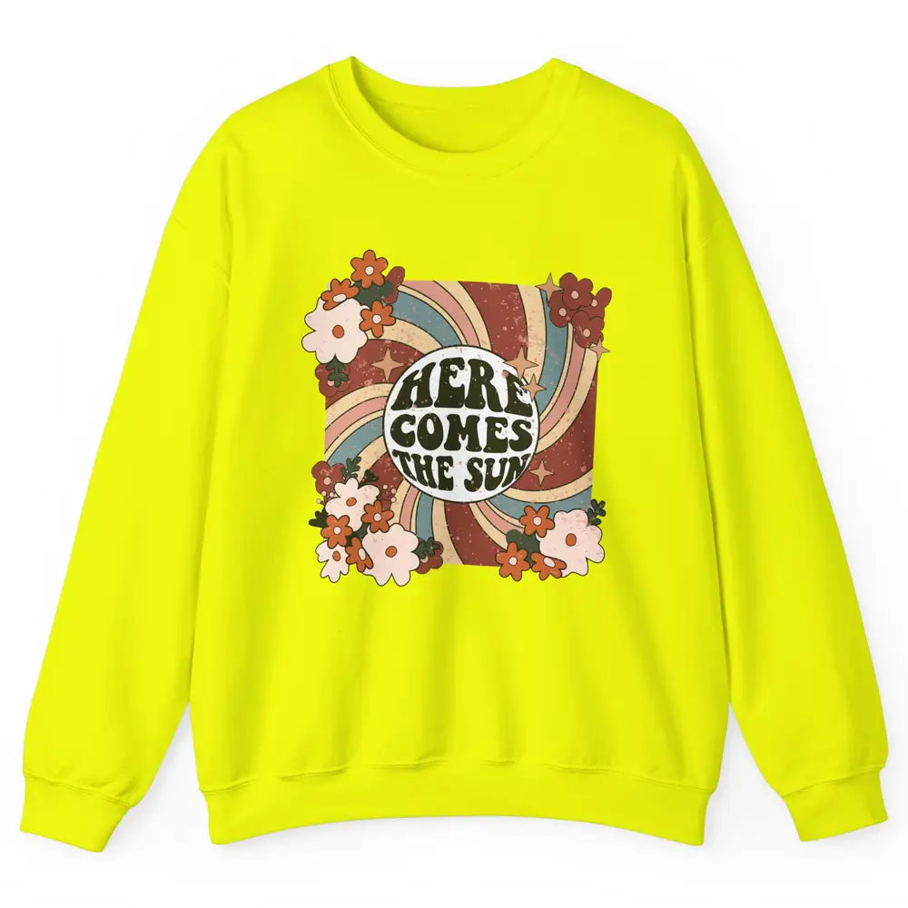 Retro Rainbow Sunrise Here Come The Sun Hippie Inspirational Unisex Crewneck Sweatshirt