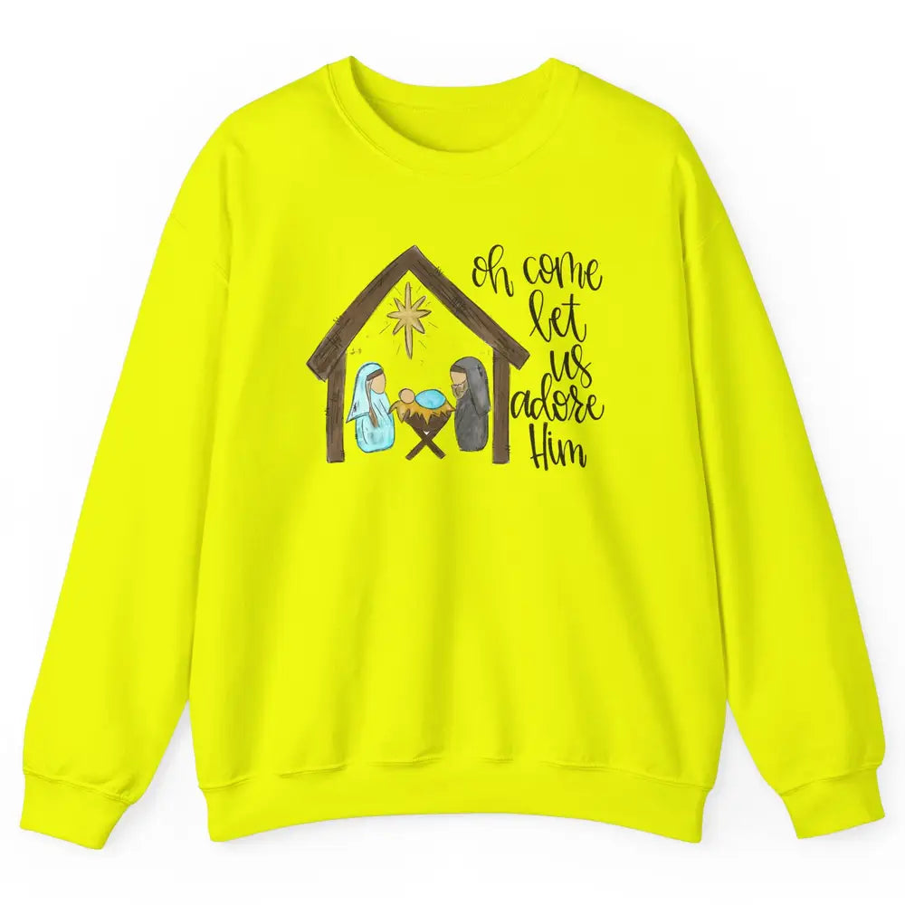 Retro Christmas Church Oh Come Let Us Adore Him Hand Drawing Unisex Crewneck Sweatshirt