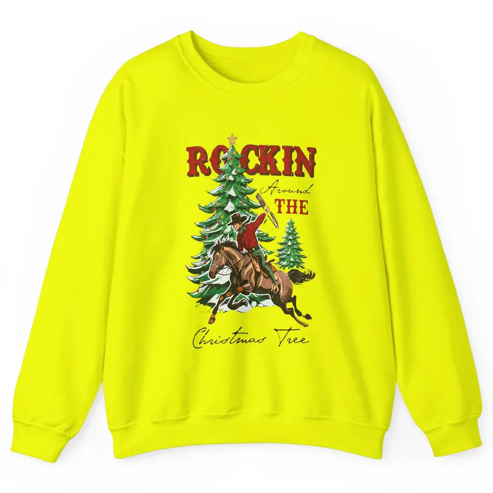 Retro Horsing Cowboy Rocking Around Christmas Tree Western Unisex Crewneck Sweatshirt