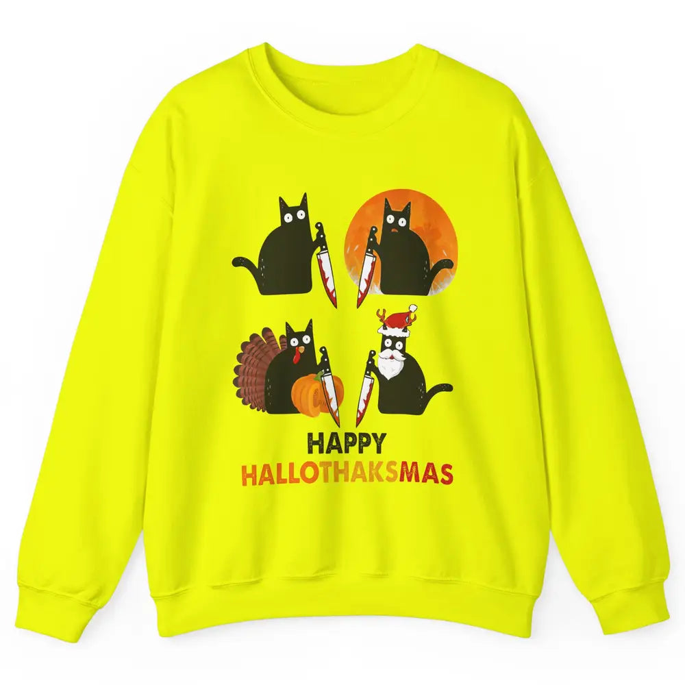 Funny Murderous Cat Turkey Hallo-thank-mas Thanksgiving Xmas Unisex Crewneck Sweatshirt
