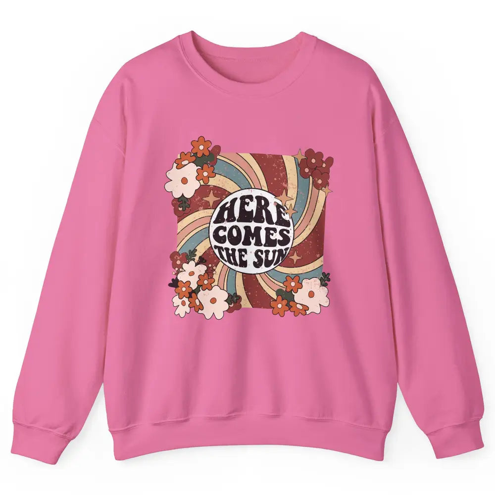 Retro Rainbow Sunrise Here Come The Sun Hippie Inspirational Unisex Crewneck Sweatshirt