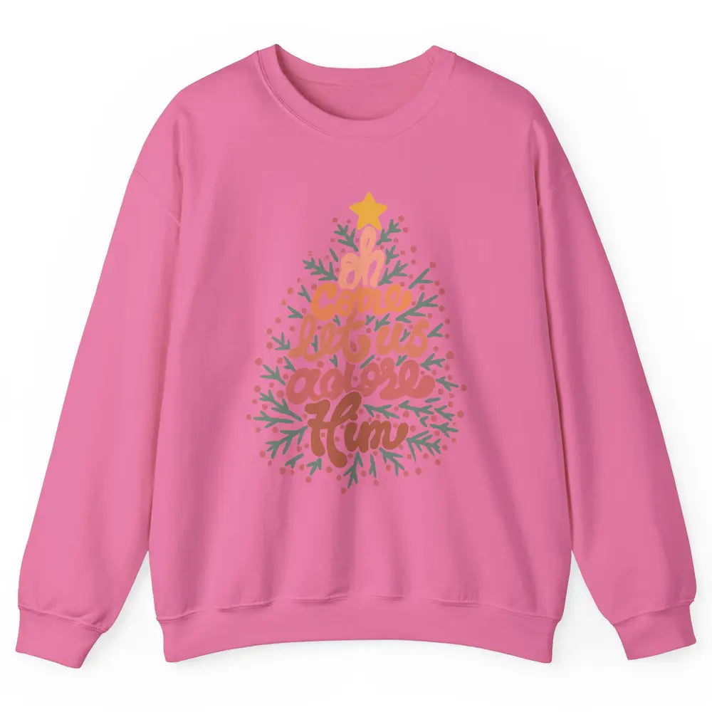 Retro Christmas Tree Oh Come Let Us Adore Him Groovy Xmas Unisex Crewneck Sweatshirt