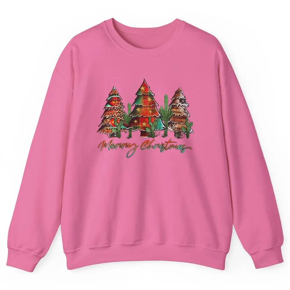 Merry Christmas Tree Western Christmas Desert Cactus Leopard Unisex Crewneck Sweatshirt