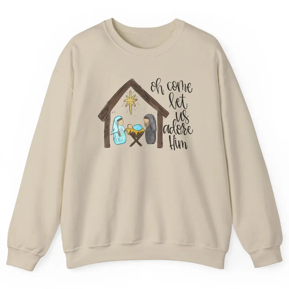 Retro Christmas Church Oh Come Let Us Adore Him Hand Drawing Unisex Crewneck Sweatshirt