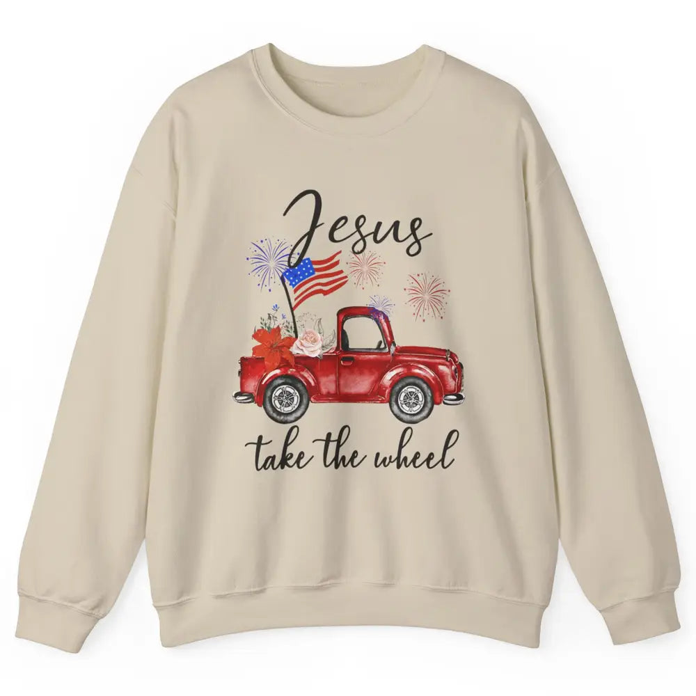 4th Of July Jesus Take The Wheel Red Truck Watercolor God Unisex Crewneck Sweatshirt