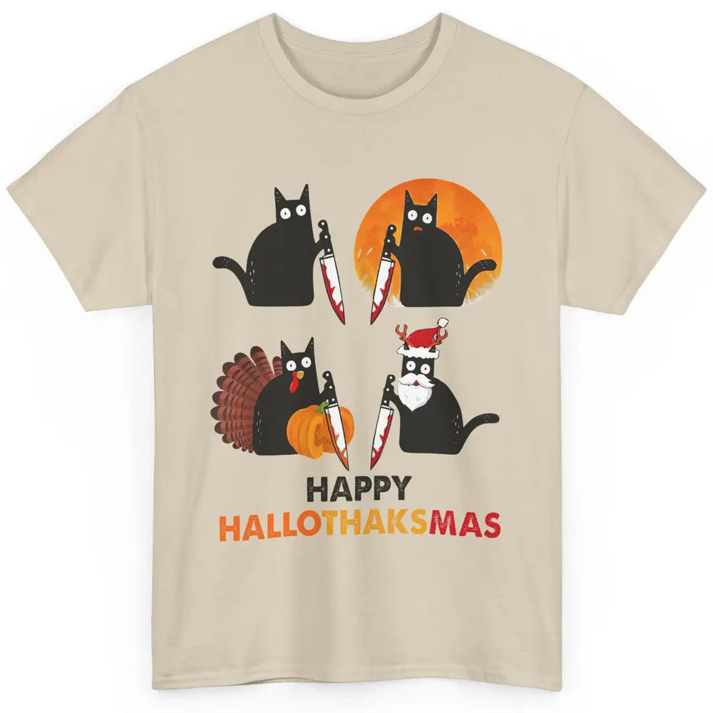 Funny Murderous Cat Turkey Hallo-thank-mas Thanksgiving Xmas Classic Unisex T-Shirt