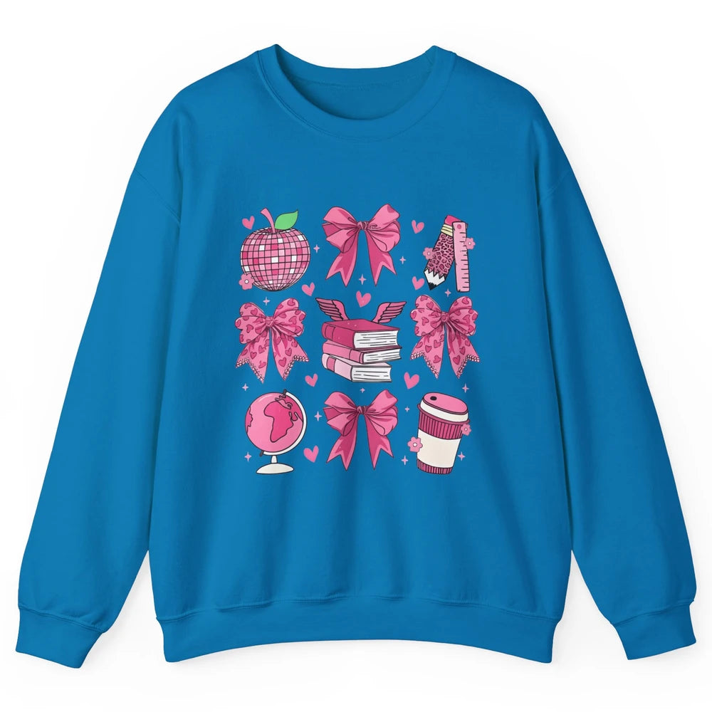 Cute Set Of Bows Coquette Coffee Apple Pink Valentine's Day Love Leopard Heart Back To School Latte Book Teacher Students Unisex Crewneck Sweatshirt
