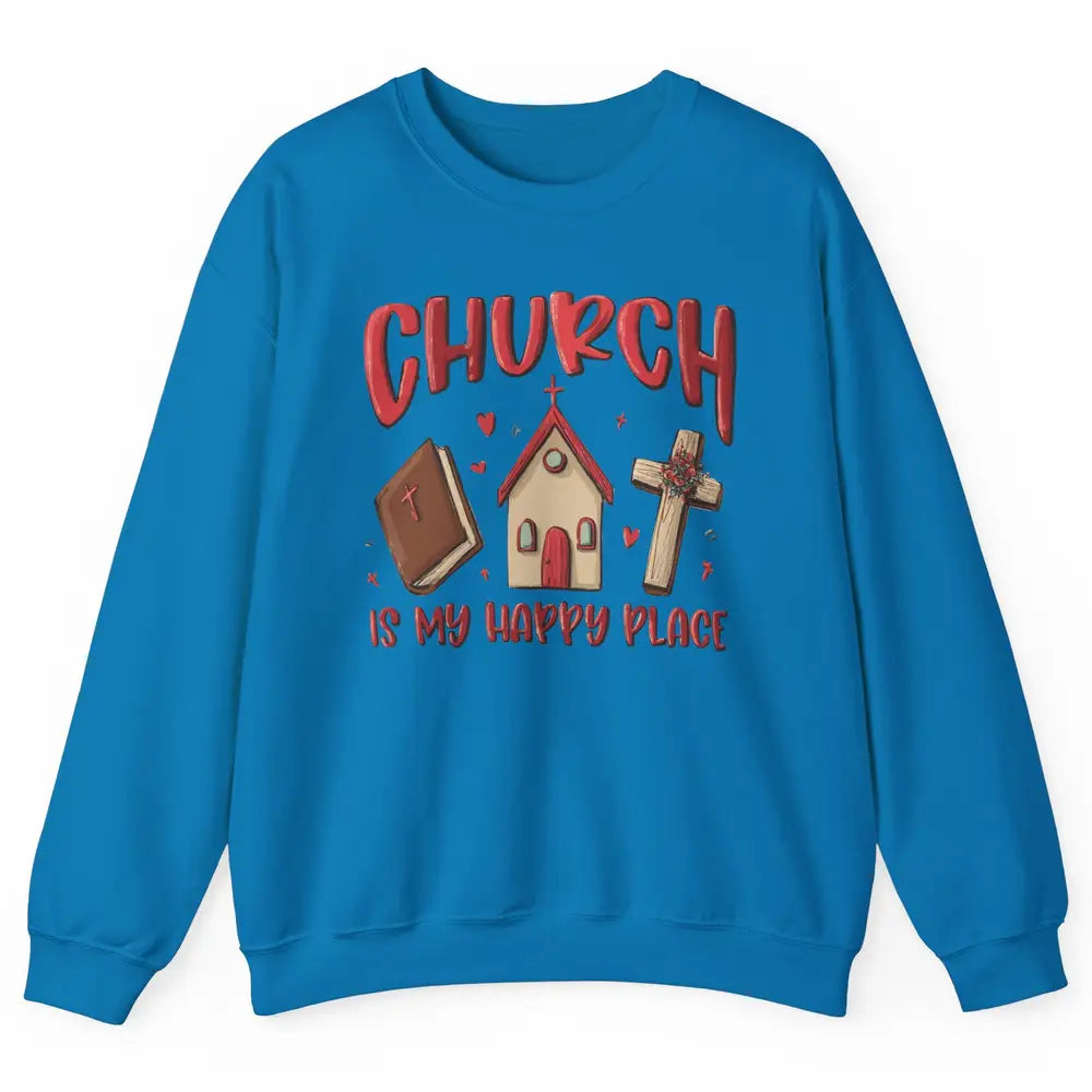 Retro Christmas Church Is My Happy Place Christian Hand Draw Unisex Crewneck Sweatshirt