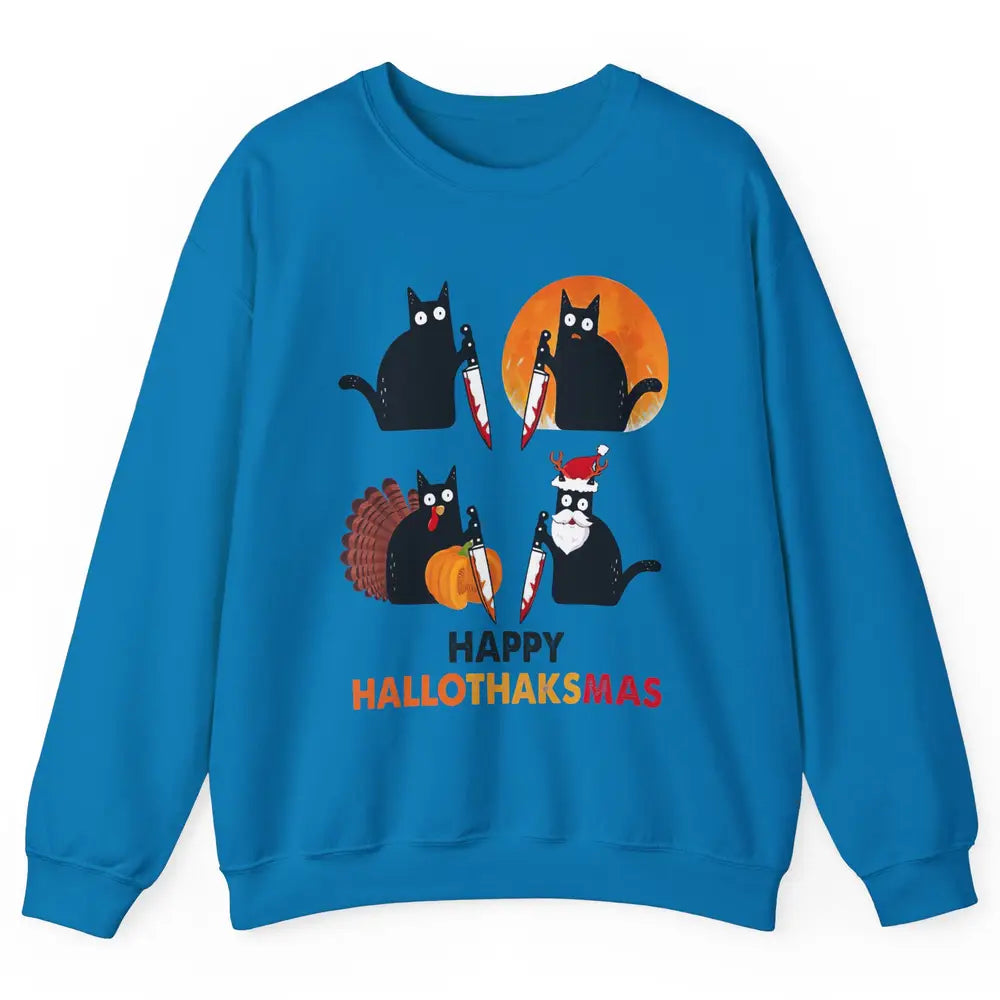 Funny Murderous Cat Turkey Hallo-thank-mas Thanksgiving Xmas Unisex Crewneck Sweatshirt