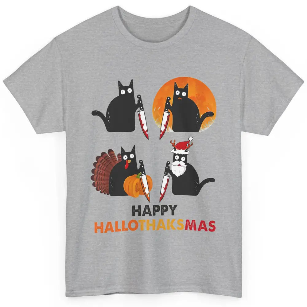 Funny Murderous Cat Turkey Hallo-thank-mas Thanksgiving Xmas Classic Unisex T-Shirt