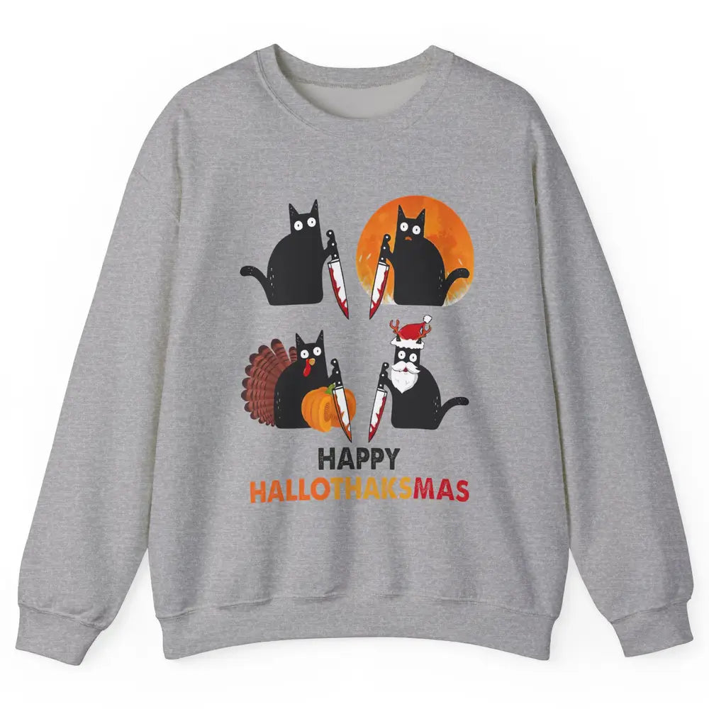 Funny Murderous Cat Turkey Hallo-thank-mas Thanksgiving Xmas Unisex Crewneck Sweatshirt