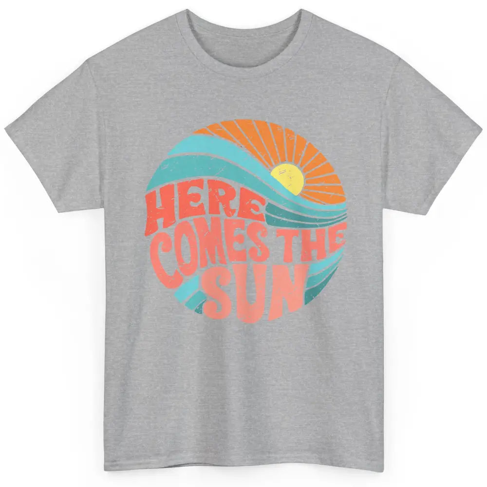 Retro Rainbow Sunrise Here Comes The Sun Hippie Girl Classic Unisex T-Shirt