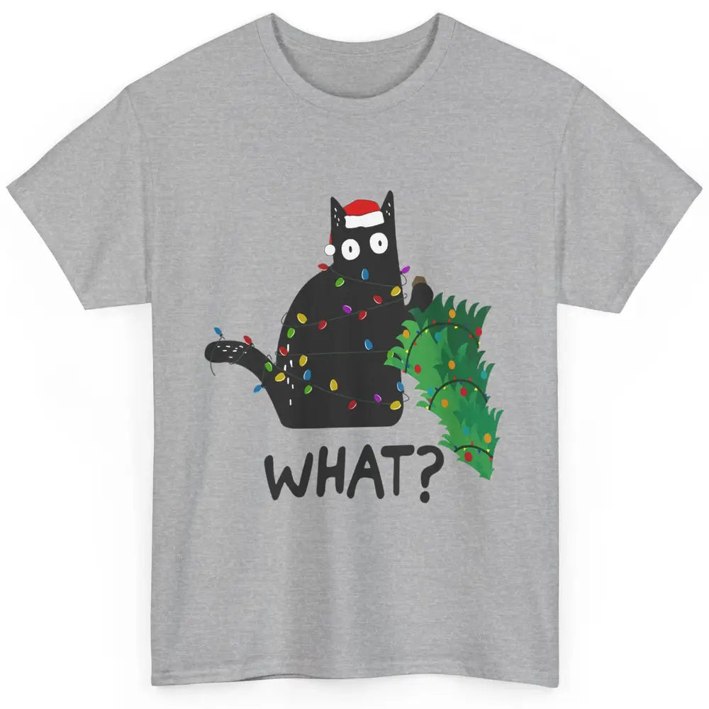 Black Cat Pushing Christmas Tree What Xmas Lights Santa Hat Classic Unisex T-Shirt