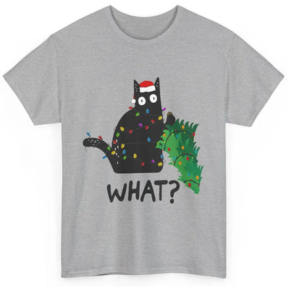 Black Cat Pushing Christmas Tree What Xmas Lights Santa Hat Classic Unisex T-Shirt