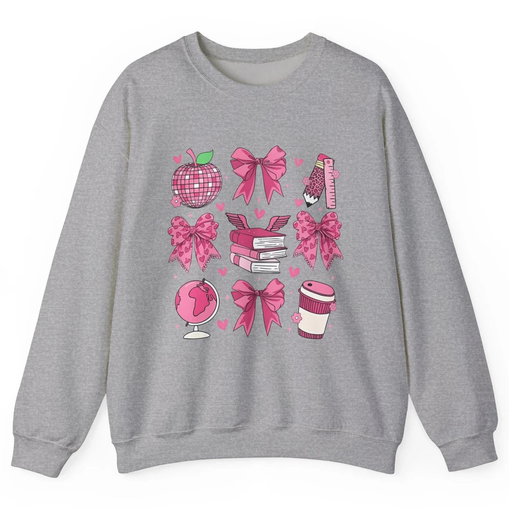 Cute Set Of Bows Coquette Coffee Apple Pink Valentine's Day Love Leopard Heart Back To School Latte Book Teacher Students Unisex Crewneck Sweatshirt