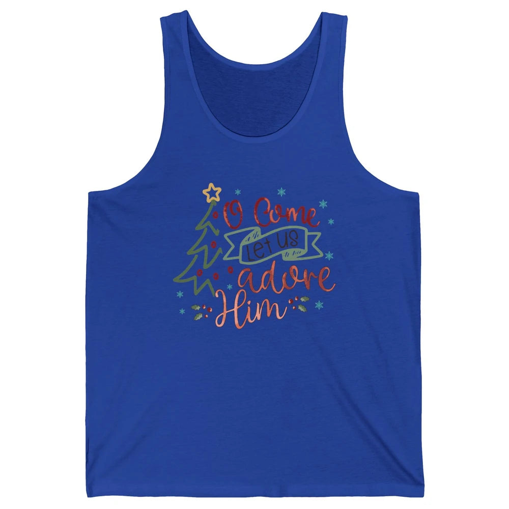 Retro Christmas Tree O Come Let Us Adore Him Christian Jesus Unisex Jersey Tank