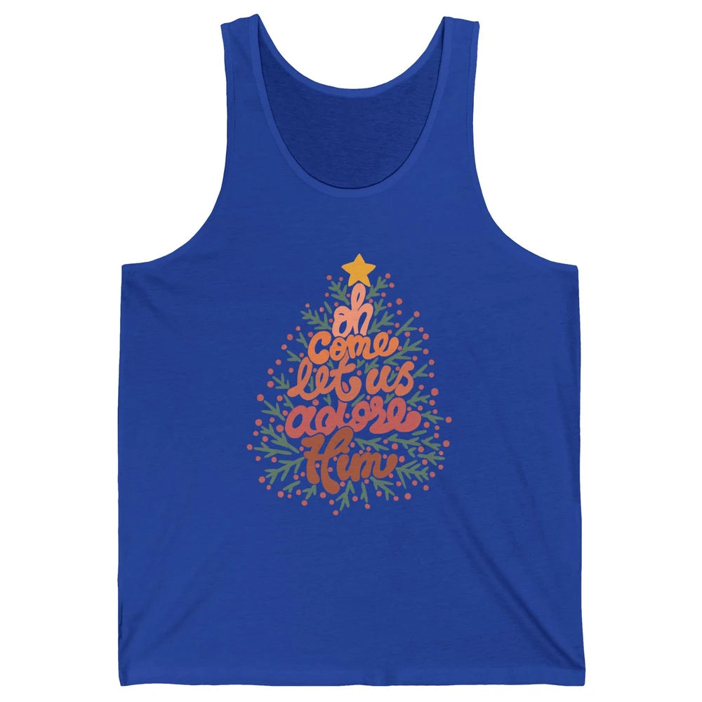 Retro Christmas Tree Oh Come Let Us Adore Him Groovy Xmas Unisex Jersey Tank