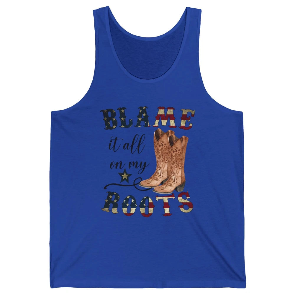 Retro US Flag Cowboy Boots Blame It All On My Roots Western Unisex Jersey Tank