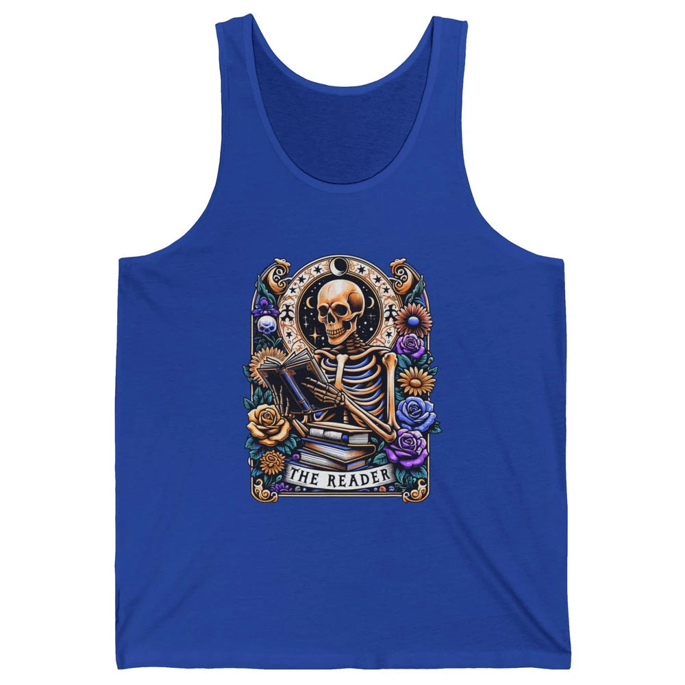 The Reader Tarot Card Halloween Reading Book Skeleton Floral Skull Bookish Bookworm Unisex Jersey Tank
