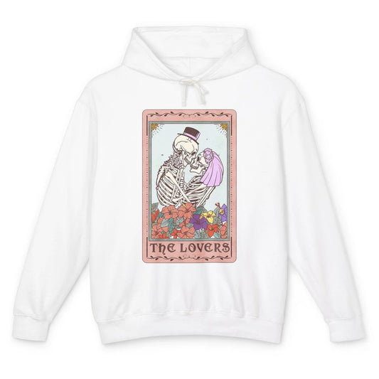 The Lovers Funny Skeleton Couple Tarot Card Vintage Valentine Astrology Goth Skull Lover Floral Heart Unisex Lightweight Hoodie