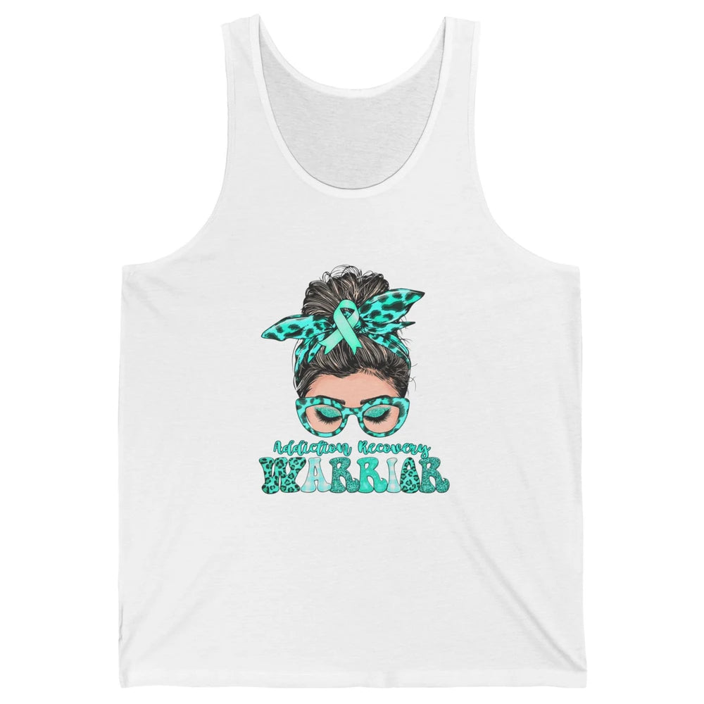 Addiction Recovery Awareness Warrior Leopard Messy Hair Bun Unisex Jersey Tank