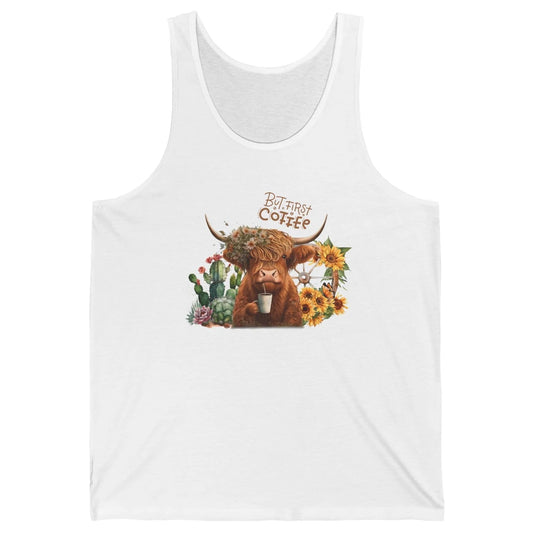 Desert Highland Cow But First Coffee Western Country Animal Unisex Jersey Tank