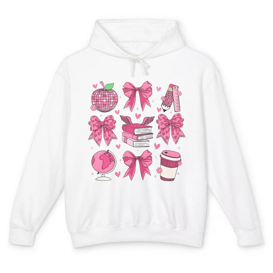 Cute Set Of Bows Coquette Coffee Apple Pink Valentine's Day Love Leopard Heart Back To School Latte Book Teacher Students Unisex Lightweight Hoodie