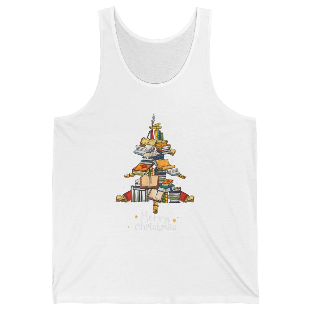 Merry Christmas Tree Reading Books Librarian Xmas Lighting Unisex Jersey Tank